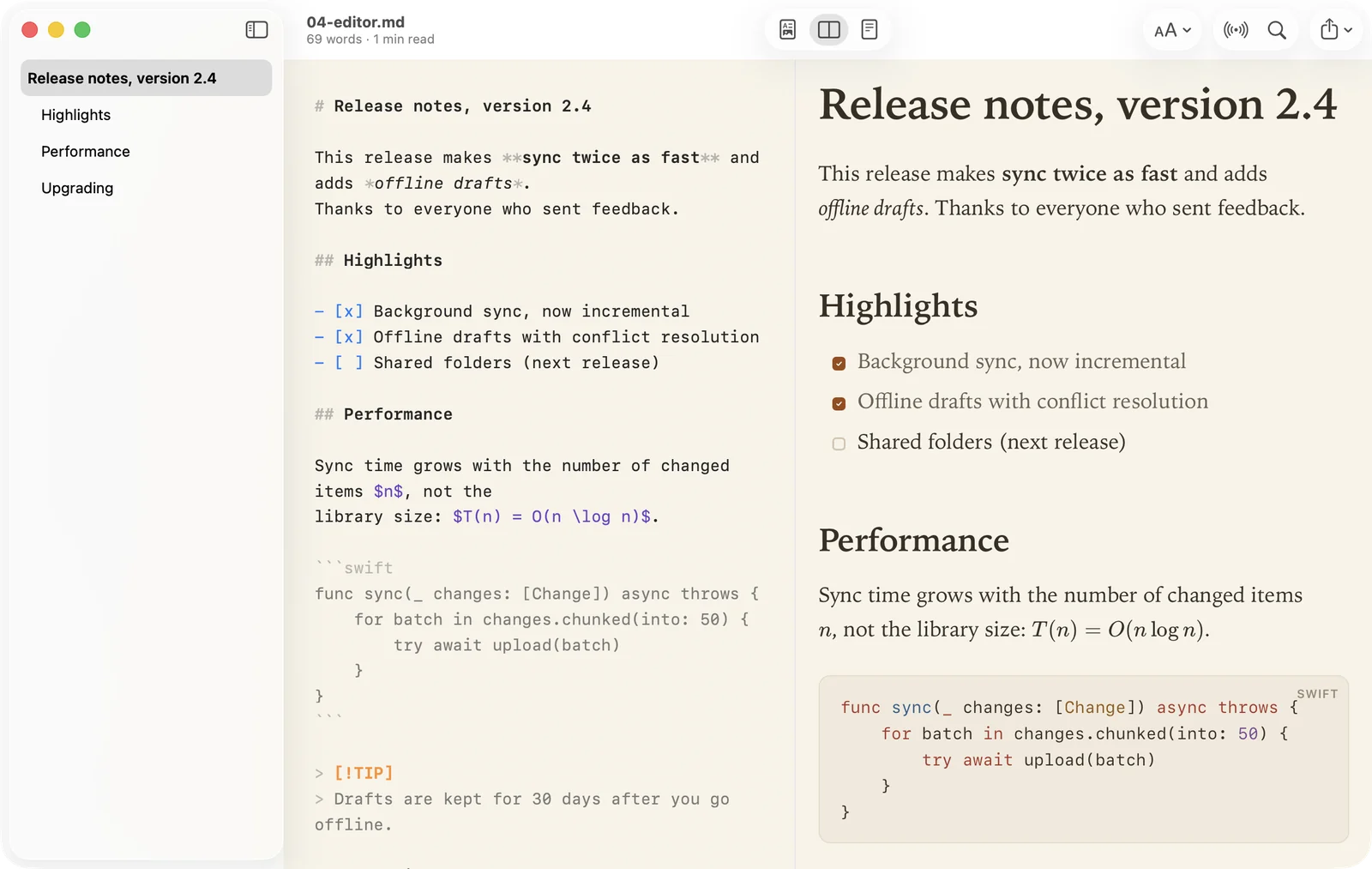 The Markdown source and its preview side by side in the Paper theme
