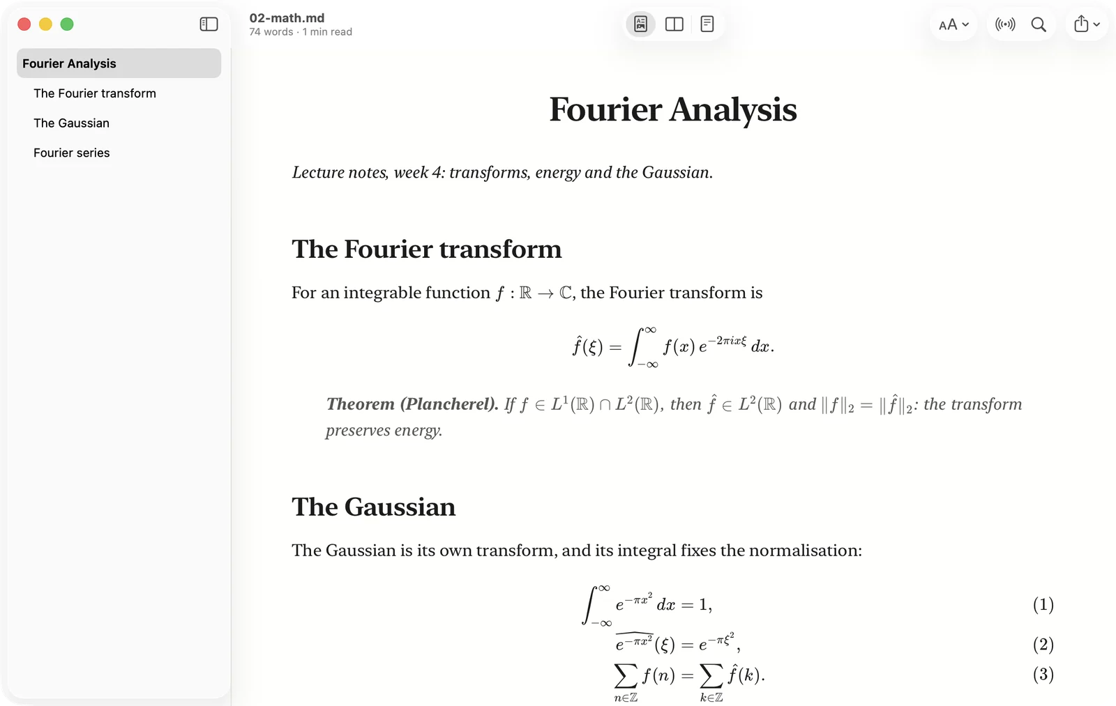 Lecture notes on Fourier analysis with displayed and numbered equations in the Academic theme
